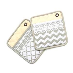 MACKENZIE-CHILDS Sterling Zig Zag 9" Potholders Cotton Gray White Set of 2 NEW
